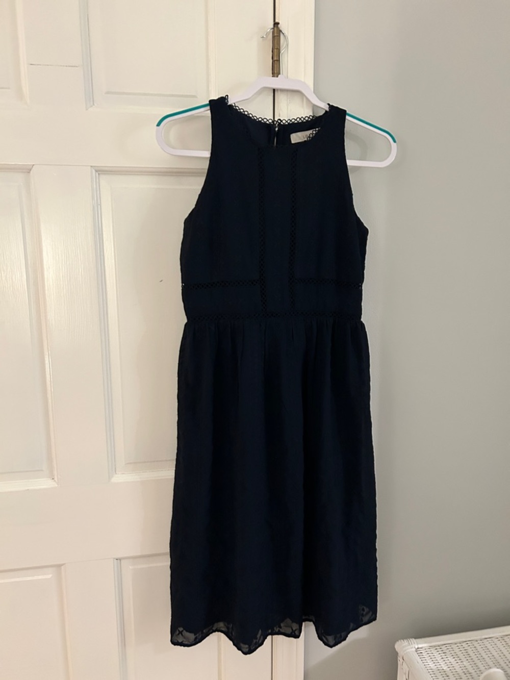 LOFT Navy Sleeveless Lace-Detail Fit-and-Flare Dress